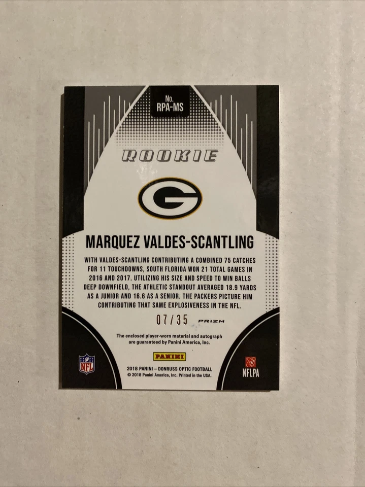 MARQUEZ VALDES SCANTLING 2018 DONRUSS OPTIC #D 7/35 RPA ROOKIE PATCH AUTO PRIZM - Image 2 of 2