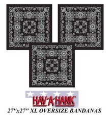3 Hav-A-Hank XL BIG OVER SIZE BLACK PAISLEY 27"BANDANA Head Wrap Face Mask Scarf