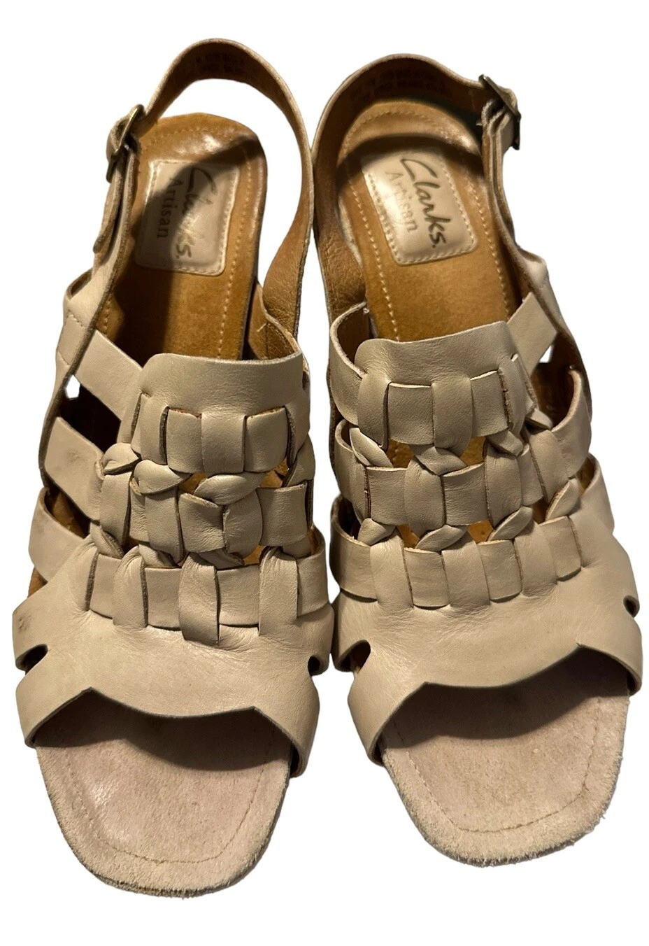 Sandali comodi CLARKS ARTISAN tessuto marrone slingback punta aperta tacco grosso misura 7 1 2