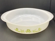 GLASBAKE Milk Glass Round 8" Casserole Dish J2429 Primrose Green Flower Pattern