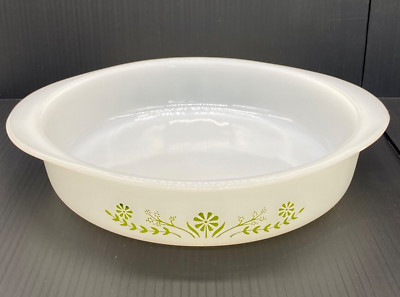 GLASBAKE Milk Glass Round 8'' Casserole Dish J2429 PRIMROSE DREAM Green Flower