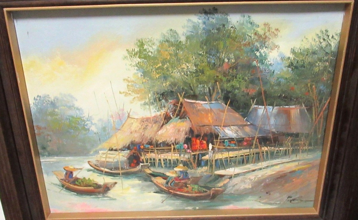 PONG THAILAND MARKET BOATS ORIGINAL OIL ON CANVAS PAINTING | eBay