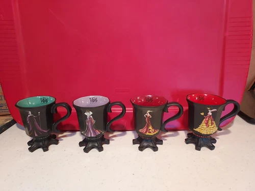 4 DISNEY Villians Designer Collection 6 Footed Coffee Cups 5.25" Height
