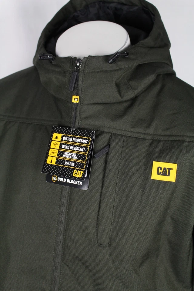 CAT Caterpillar Men's Jacket Quilted Insulated Oxford Hooded Green Water Wind - Image 3 of 4