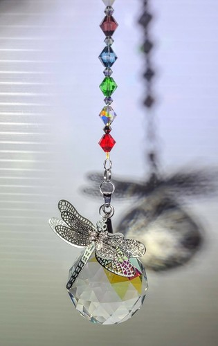 Handmade 40AB crystal 9" suncatcher with dragonfly rainbow beads, silver clasp - Picture 6 of 7