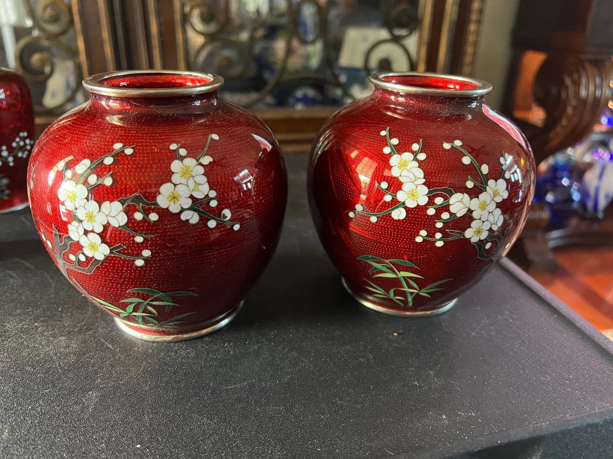 红色景泰蓝日本古董花瓶| eBay