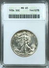 1934 U.S. 50c Walking Liberty Half Dollar ANACS MS65 ~ Old Soap Box Holder