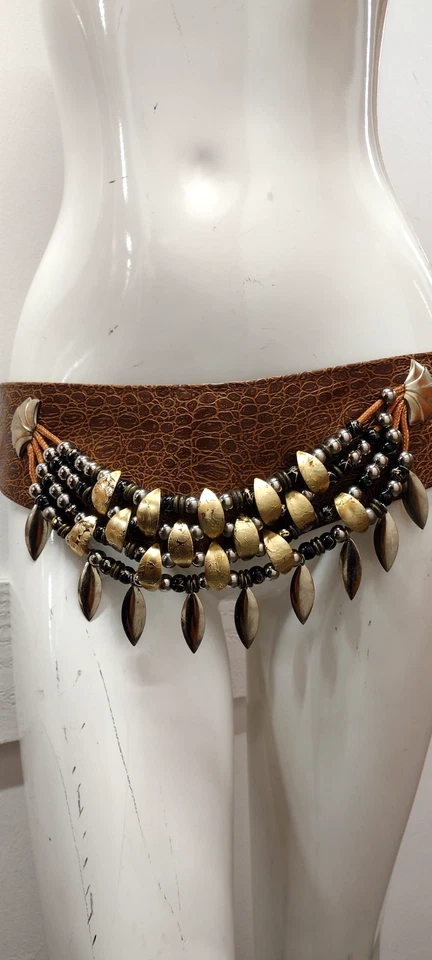 Cinturón Tribal Vintage Metal Dorado Camel Marrón Cocodrilo Bronce Abrazador de Cadera Años 80 M/L 32 Foto 2 de 4