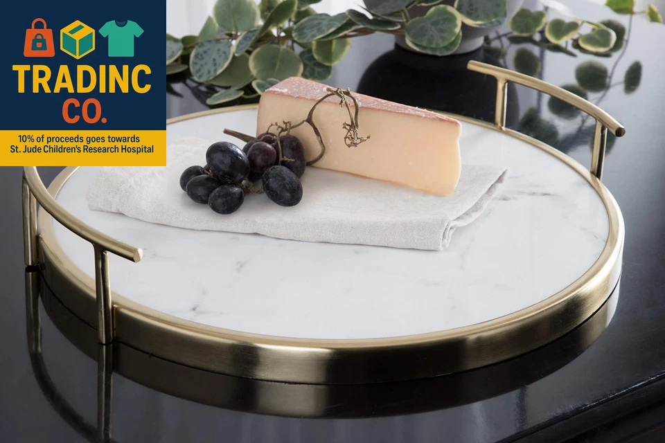 Marbury Modern round Tray, 14 Inch Diameter, White Marble and Gold, Contemporary - Image 3 of 4