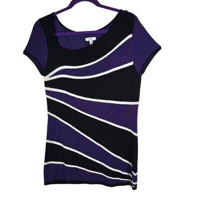 Cache Knit Scoop Neck Top Large Women Purple Black White Abstract Wave Artistic