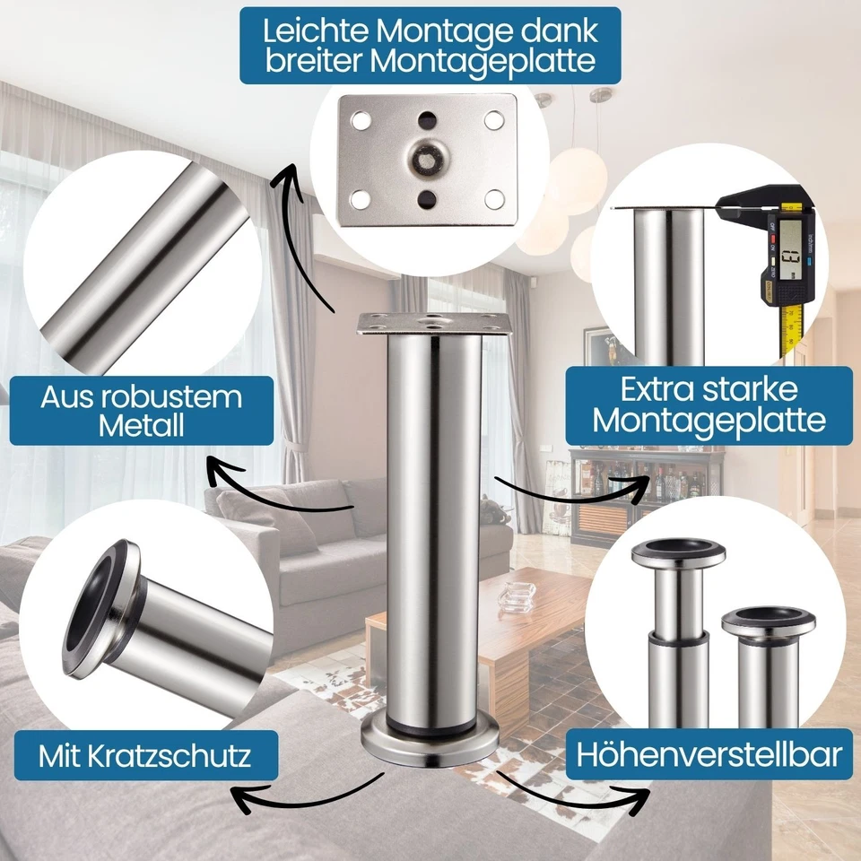 4x Möbelfüße verstellbar Metall rund Ø38mm Bettfüße Sockelfüße Sofafuß Couchfuß - Bild 2 von 4