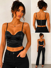 Black Satin Bustier Corset Top Demi Underwired Spaghetti Straps Zip, M