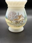 Fenton Glass Vase White Satin HP Country Cottage Scene House  D. Frederick