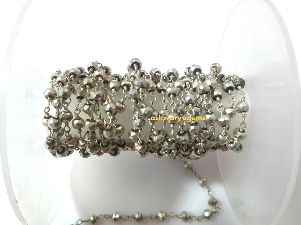 Perline di pirite argento 3 mm rosario catena di perline filo placcato argent... - Immagine 3 di 4