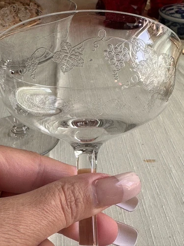 Champagne Coupes Fostoria Vintage Pattern Etched Cut Grapes Vine Optic  1900's