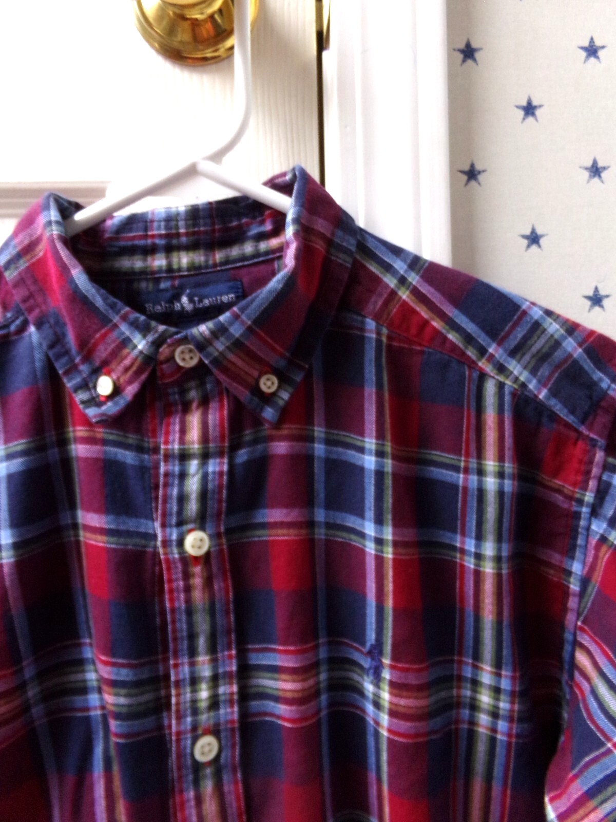 RALPH LAUREN Blue Plaid Dress Shirt XL Boys 20 100% Cotton Y2K Vtg $59 Polo