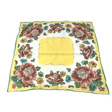 Vintage Hankie Yellow Brown Printed Flowers Roses Daisies 12 x 11 Handkerchief