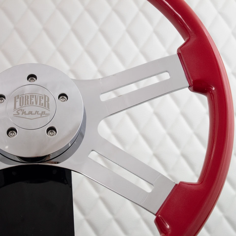 (T01) 18 英寸镀铬双经典方向盘 Big Rig 红色 86-06 Freightliner — 第 3/4 张图片