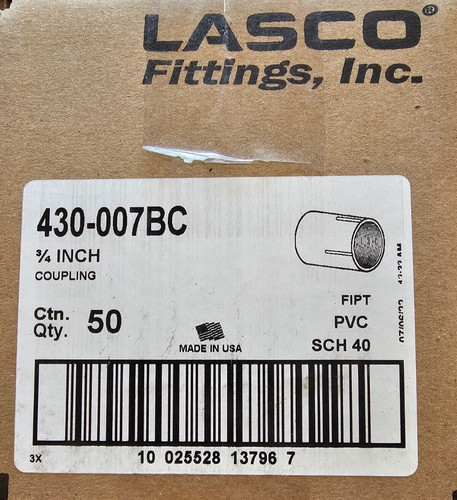 (BOX OF 50) LASCO 3/4 In. PVC Schedule 40 FPT X FPT Coupling