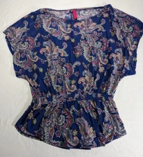 PURE ENERGY Blouse Women's Plus sz 1 Blue Paisley Elastic Waist Sheer Over Tank