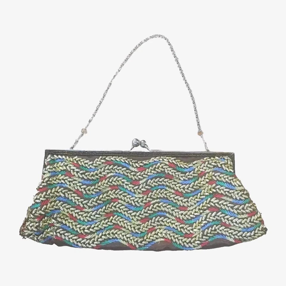 Винтажный коктейль вечеринки застежки сумочки бисером вышитый поцелуй замок серебряная цепочка ремень - Изображение 2 из 4