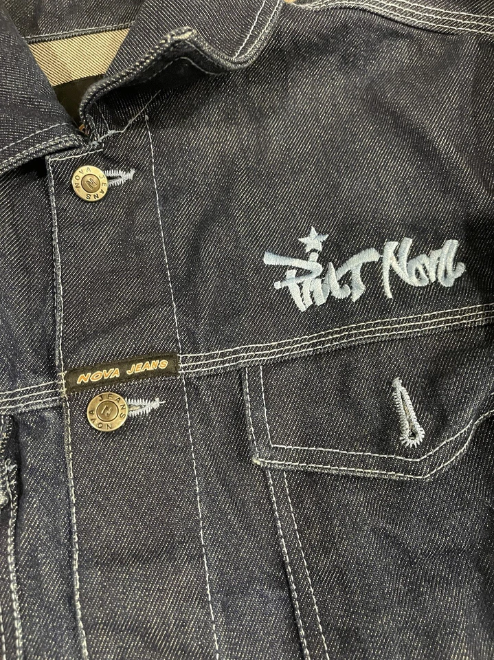 Jaqueta jeans vintage platina Nova masculina grande azul denim logotipo Phat Nova - Imagem 3 de 4