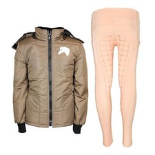 Reitset Kinder Reitjacke Mia Braun gesteppt mit Winter Reitleggings Apricot