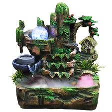 Desktop Fountain Rock Waterfall Humidifier with Artificial Tree and LED Light 