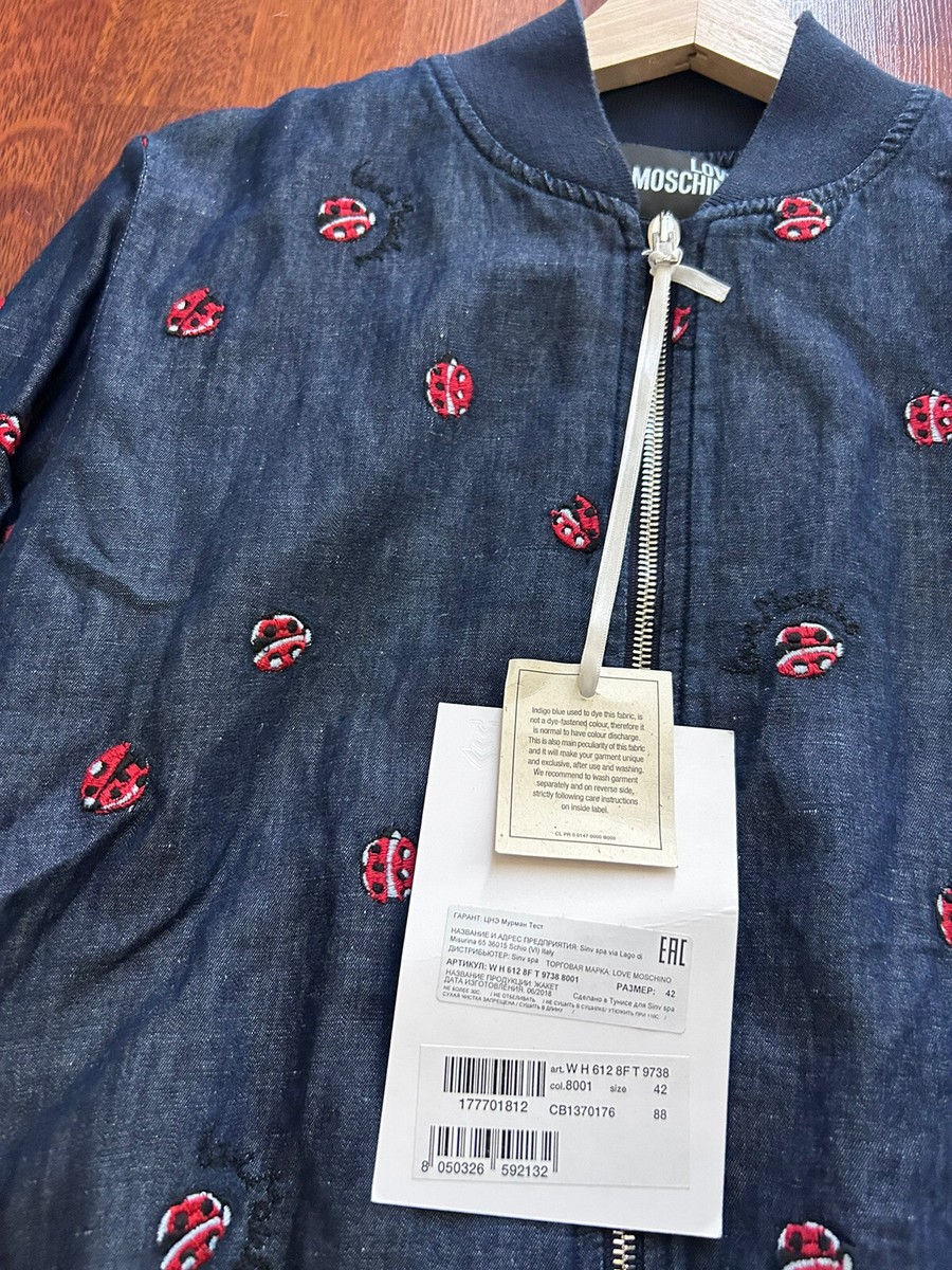 NWT LOVE MOSCHINO Embroidered Ladybug Denim Baseball Bomber