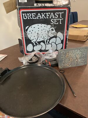 Vintage Taylor & Ng Breakfast Bacon Egg Set Cast Iron Bacon Press 2Egg Rings NEW