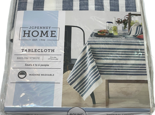 JC Penney Shiloh Stripe Tablecloth 70" Round 100% Cotton Blue White - Picture 6 of 7
