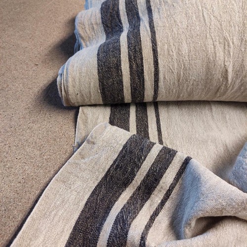 100% linen fabric 340gsm French stripes grain sack vintage green navy blue black - Picture 10 of 21