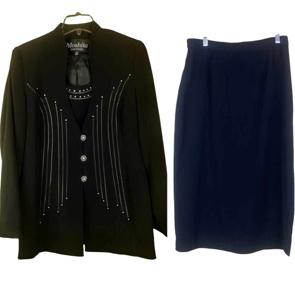 Moshita Couture Black Suit Rhinestone Embellishment Size 10