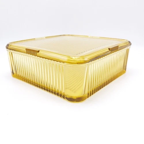 Vtg Ribbed Yellow Amber Depression Glass Refrigerator Dish Box w/Lid 8.5" x 8.5"