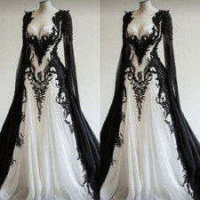 Black White Gothic Wedding Dresses Shawl Sleeves Lace Appliques Bridal Gowns