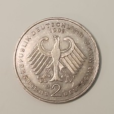 Germany 2 Mark 1991 F (Stuttgart) Copper-Nickel KM#163 Konrad Adenauer
