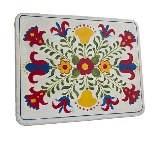 Vintage Wood Bench Stool Hand Painted Folk Art White W/ Flowers CottageCore