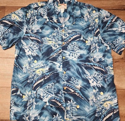 VINTAGE Paradise Found Shirt 2XL Blue Palm Marlin Rayon Hawaiian USA Beach