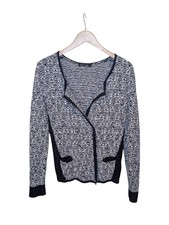 NIC ZOE Cardigan Large Navy White Linen Blend Open Front Knit Textured Marled