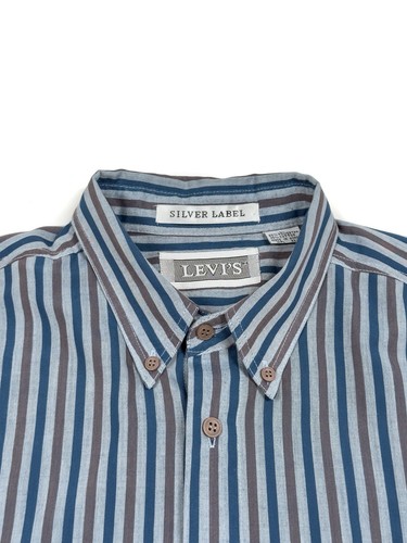 VTG Levis Shirt Men’s L - Big E Silver Label Blue Tab Stripe Blue Gray
