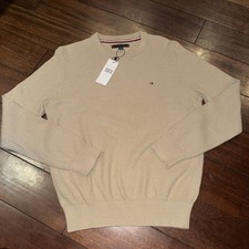 Tommy Hilfiger Men  s Crewneck Sweater Small Brown Beige Flag Logo NWT Small