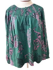 Crown & Ivy top blouse Size 1X long sleeve smocked neck lined pink green lions