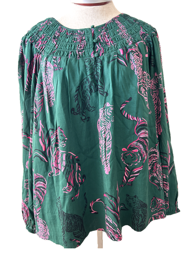 Crown & Ivy top blouse Size 1X long sleeve smocked neck lined pink green lions - Picture 1 of 8