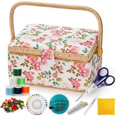 Sewing Basket with Accessories, Wooden Sewing Kit Storage Box with Removable ...