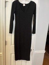 WOMEN LONG SLEEVE DRESS MIDI CASUAL V NECK TWIST WAIST RIBBED KNIT BODYCON SLIT
