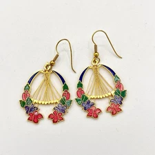 Vintage Enamel Cloisonne Flower Floral Gold Drop Earrings Pink Purple Green