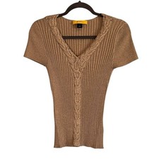St John Gold Tone Vneck Ribbed Short Sleeved Sweater Top