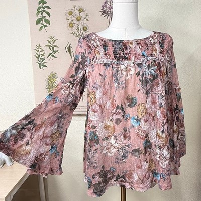 Sheer Floral Mesh 3/4 Flare Sleeve Smocked Top Fairy Grunge Shabby Chic Boho XS