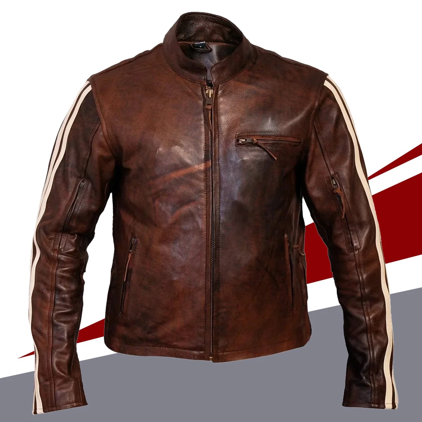 Cafe Racer Stripes Design Cruiser Leather Jacket for Men with Protector Pockets