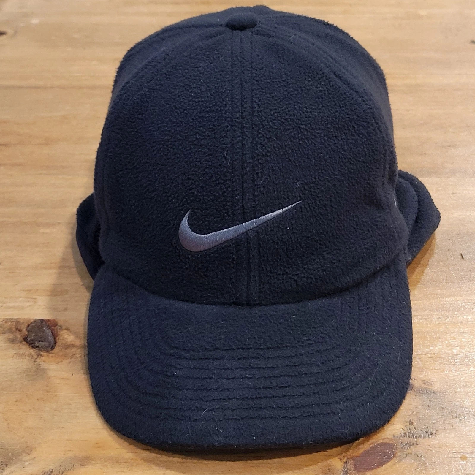 Vintage Nike Fleece Trapper Hat Black Silver Swoosh Ear Flaps Winter Outdoor